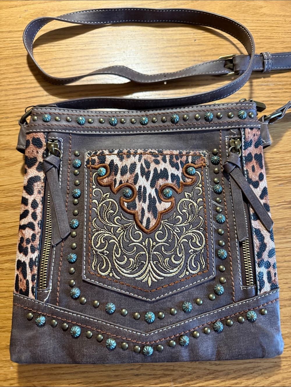 Montana West Brown Leopard-Accent Embroidered Crossbody